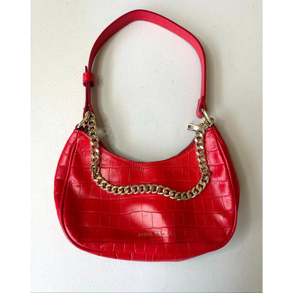 Anna Paola Red Genuine Leather Shoulder Bag Gold Chain Made In Italy